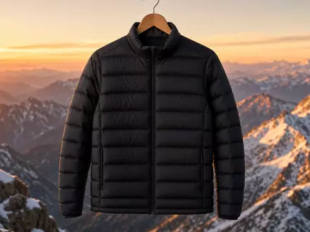 Moncler IT0005252207 black quilted down jacket wooden hanger alpine mountain sunrise panorama - Foto: THN