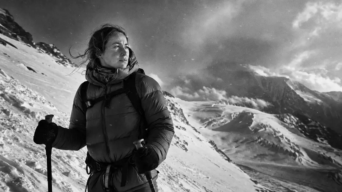 Black and white reportage photo of female mountaineer in down jacket on snowy alpine slope