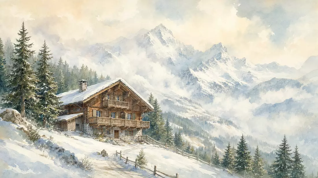 Watercolor painting of alpine wooden chalet with snow-covered mountain slopes and soft light