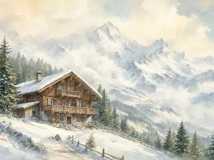 Moncler IT0005252207 watercolor alpine chalet snow slopes soft pastel winter light painting - Foto: THN