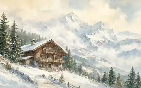 Moncler IT0005252207 watercolor alpine chalet snow slopes soft pastel winter light painting - Foto: THN
