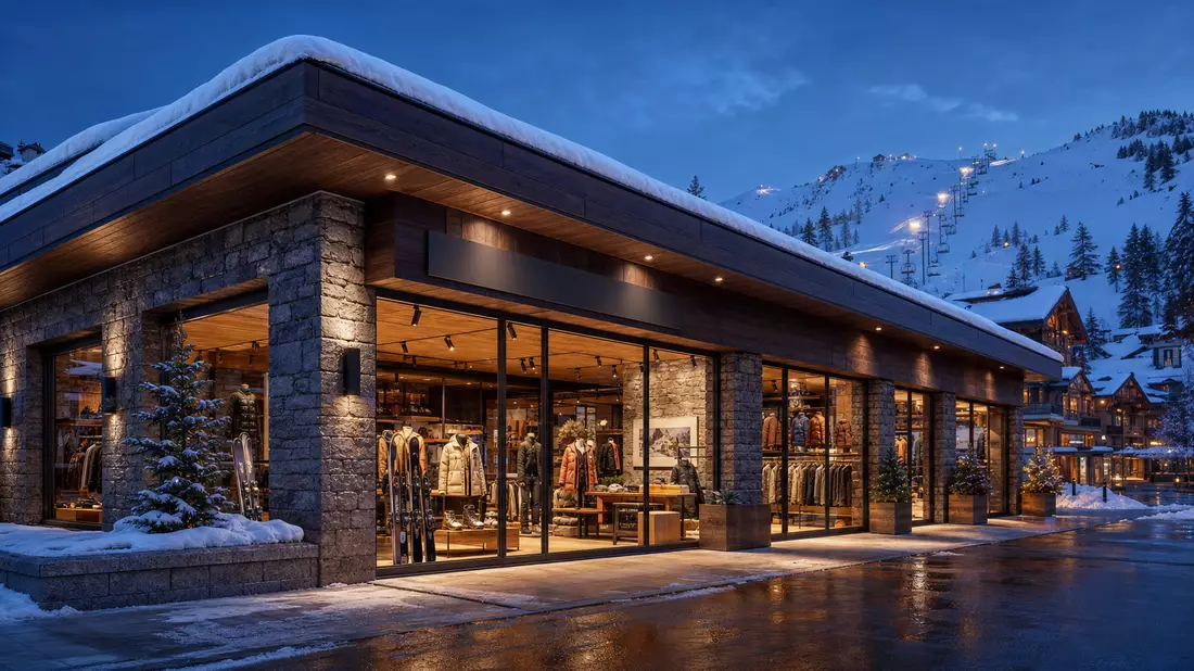 Modern stone and wood premium retail boutique in alpine ski resort at blue hour twilight
