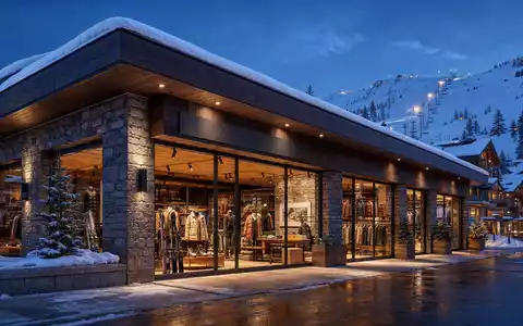 Moncler IT0005252207 premium stone-wood ski resort boutique large glass windows blue hour - Foto: THN