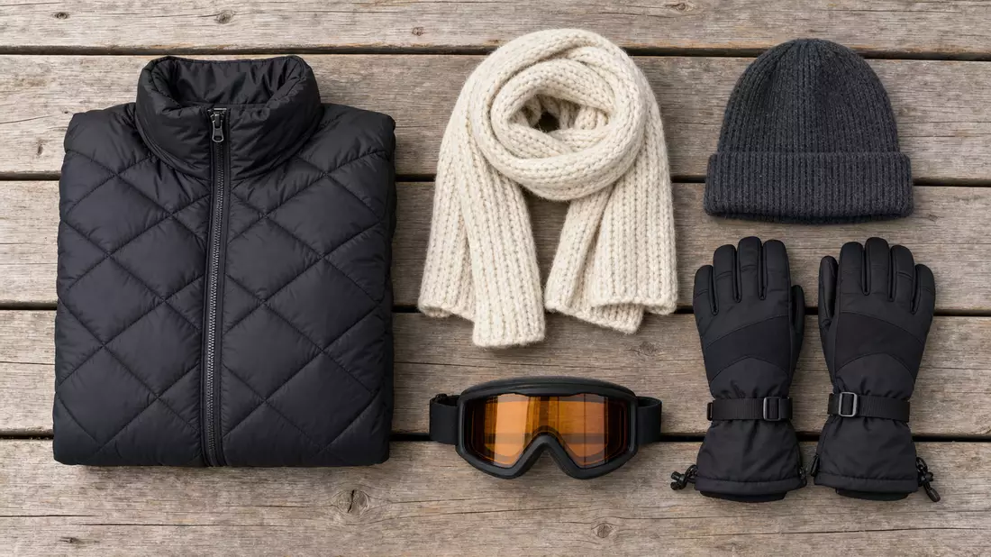Overhead flatlay of quilted down jacket, wool scarf, beanie, ski gloves and goggles on wood