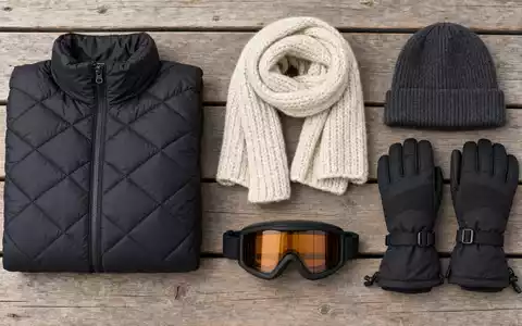 Moncler IT0005252207 flatlay down jacket scarf wool hat ski gloves goggles wooden bench - Foto: THN