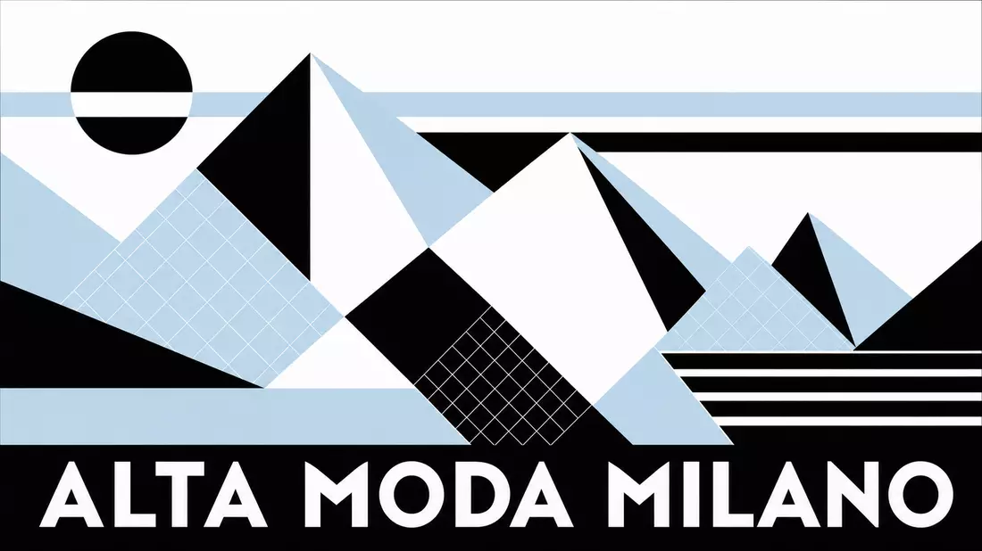 Bauhaus-style geometric mountain poster in black white and ice-blue with ALTA MODA MILANO text