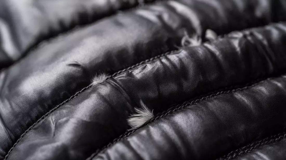 Extreme macro close-up of quilted down jacket stitching with down feathers visible through fabric
