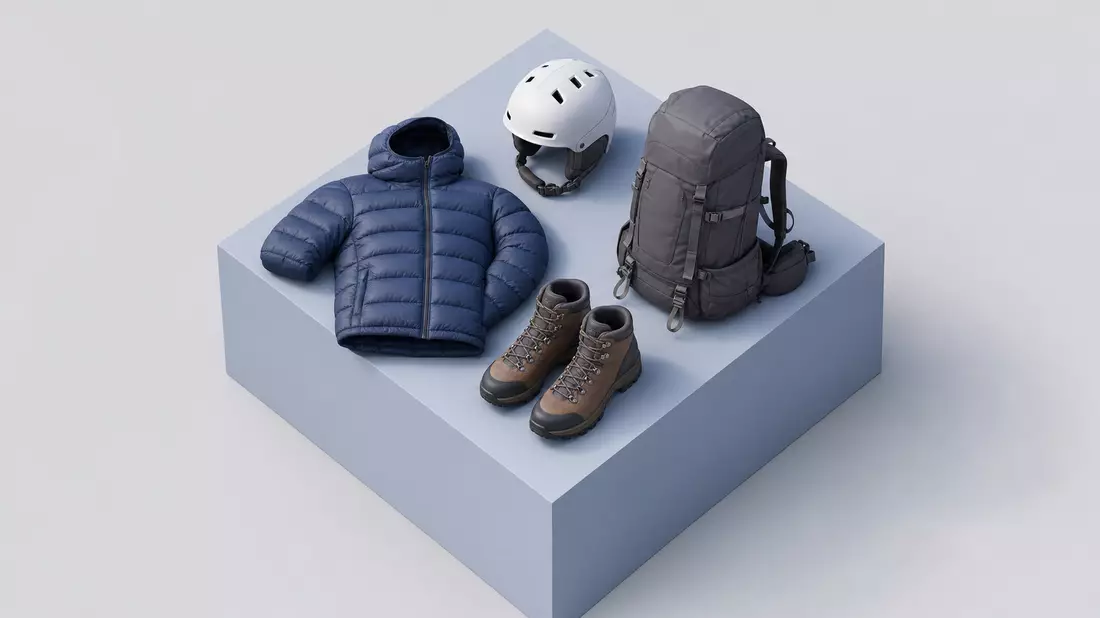 Isometric 3D render of a display cube with puffer jacket, hiking boots, ski helmet and backpack