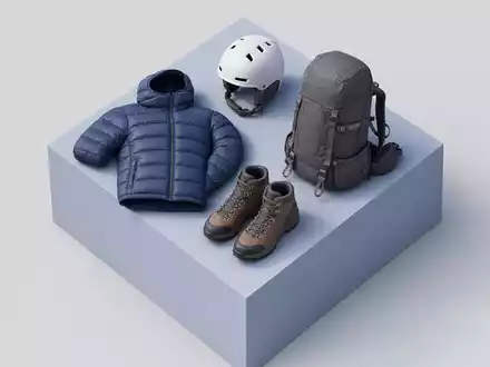 Moncler IT0005252207 isometric 3D display down jacket hiking boots ski helmet backpack cube - Foto: THN