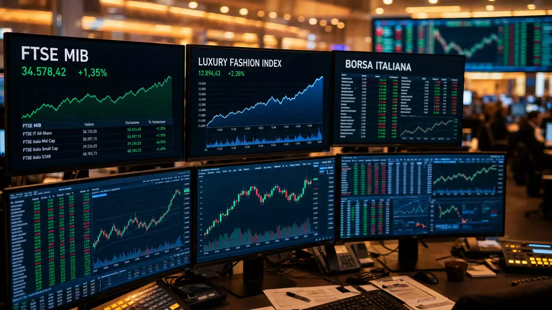 Trading desk monitors showing FTSE MIB and Luxury Fashion Index charts in editorial photo