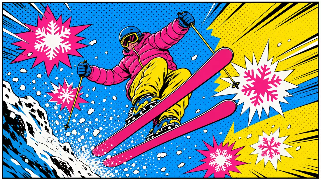 Pop art comic-style skier in mid-air jump with quilted down jacket and bright snowflake accents