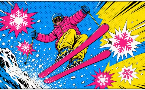 Moncler IT0005252207 pop-art comic skier jumping down jacket snowflake bursts halftone vibrant - Foto: THN