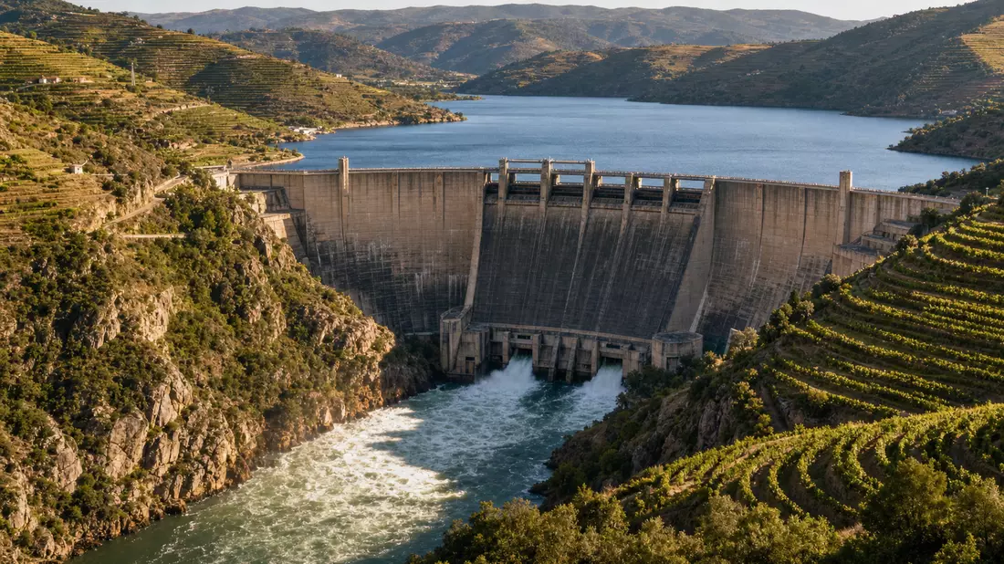 Photorealistic hydropower dam on the Douro River with Portuguese granite gorge and vineyard terraces