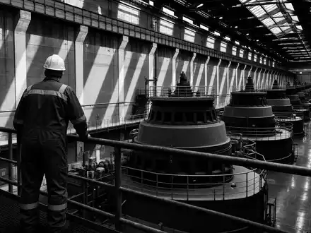EDP PTEDP0AM0009 black white technician maintenance platform hydroelectric turbine hall industrial shadows - Foto: THN