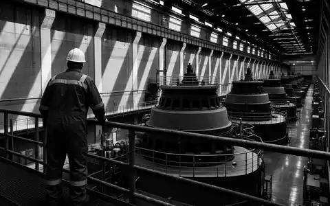 EDP PTEDP0AM0009 black white technician maintenance platform hydroelectric turbine hall industrial shadows - Foto: THN