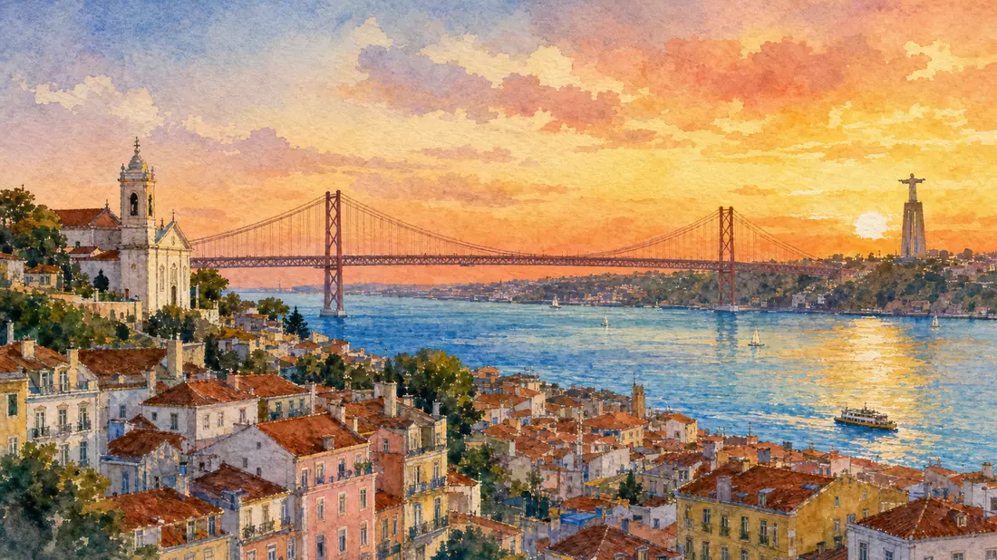 Watercolor painting of Lisbon skyline with Tagus estuary and 25 April Bridge at golden sunset