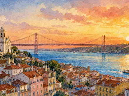 EDP PTEDP0AM0009 watercolor painting Lisbon skyline Tagus estuary 25 April Bridge golden sunset - Foto: THN