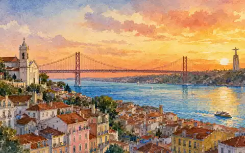 EDP PTEDP0AM0009 watercolor painting Lisbon skyline Tagus estuary 25 April Bridge golden sunset - Foto: THN