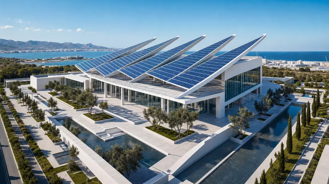 Architectural render of modern white energy HQ building with solar sail photovoltaic roof structure