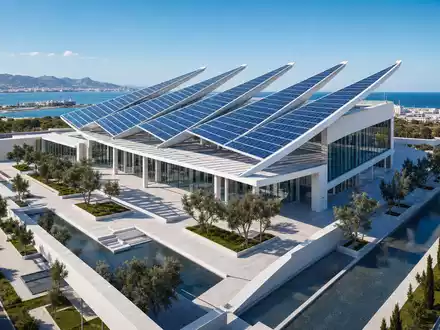 EDP PTEDP0AM0009 modern white energy headquarters solar sail photovoltaic roof Mediterranean coastal plaza - Foto: THN