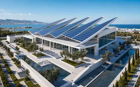 EDP PTEDP0AM0009 modern white energy headquarters solar sail photovoltaic roof Mediterranean coastal plaza - Foto: THN
