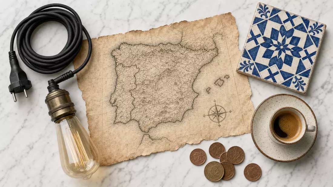 Overhead flatlay with Iberian map, Portuguese Azulejo tiles, Edison bulb, power cable, and espresso