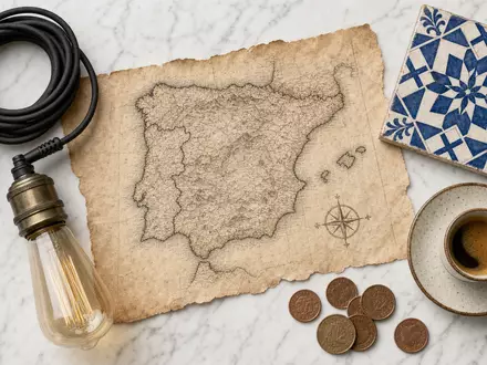 EDP PTEDP0AM0009 flatlay Iberian Peninsula map Azulejo tiles Edison bulb power cable espresso - Foto: THN