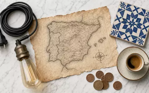 EDP PTEDP0AM0009 flatlay Iberian Peninsula map Azulejo tiles Edison bulb power cable espresso - Foto: THN