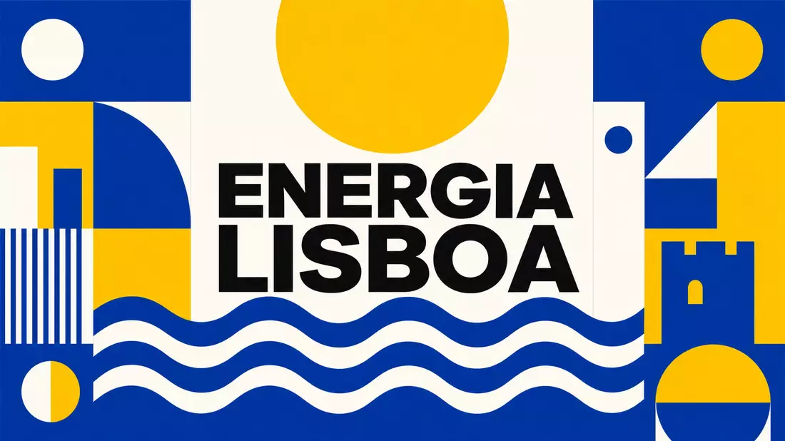 Bauhaus poster with geometric sun, wave lines, and ENERGIA LISBOA text in blue-yellow-white palette