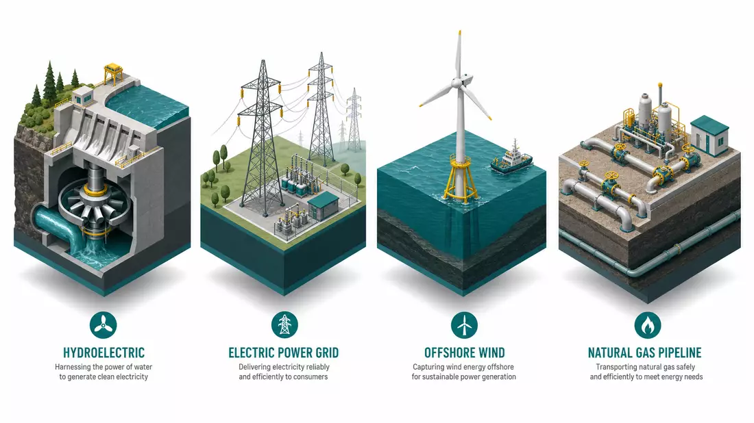 Isometric 3D cubes depicting hydro turbine, power grid, offshore wind turbine, and gas pipeline