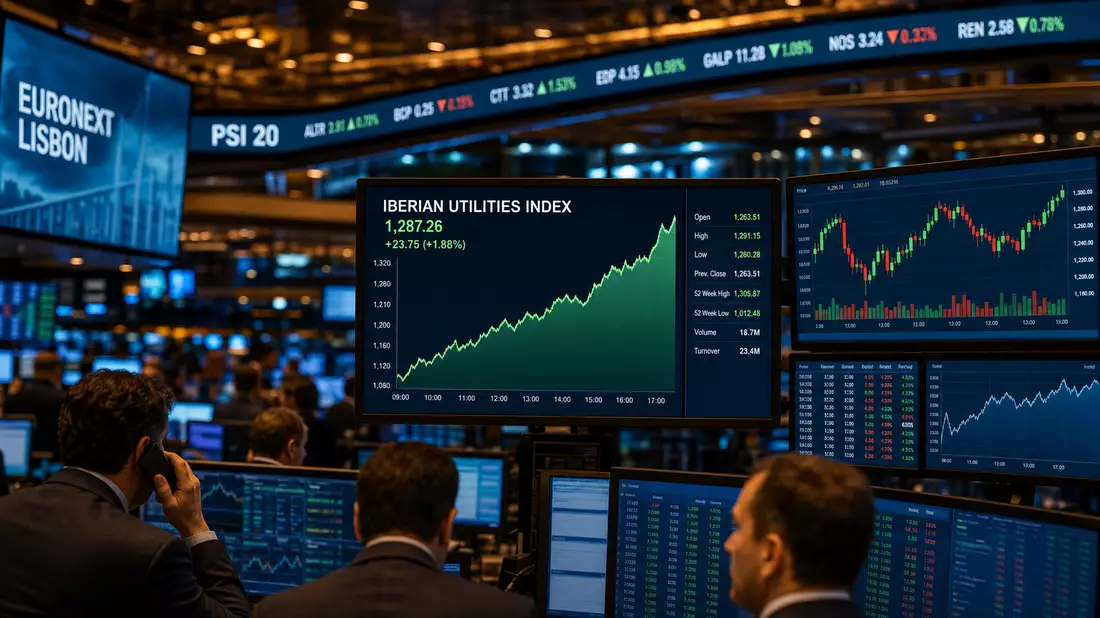 Stock market editorial with trading monitors showing Iberian Utilities Index and PSI 20 ticker tape