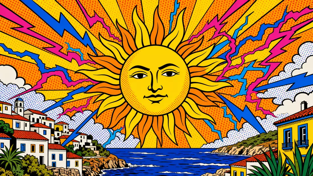 Pop-art comic with bold Portuguese sun radiating electricity lightning sparks over coastal village halftone