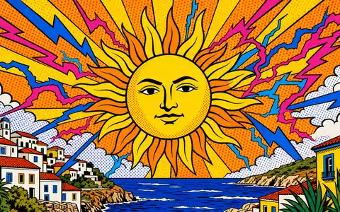 EDP PTEDP0AM0009 pop art comic bold sun electricity lightning sparks halftone Portuguese coastal village - Foto: THN