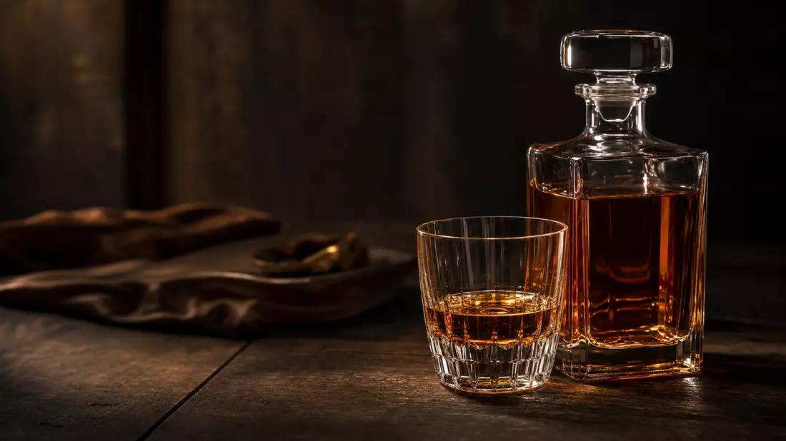 Unbranded amber spirits decanter and crystal tumbler glass on dark wood surface