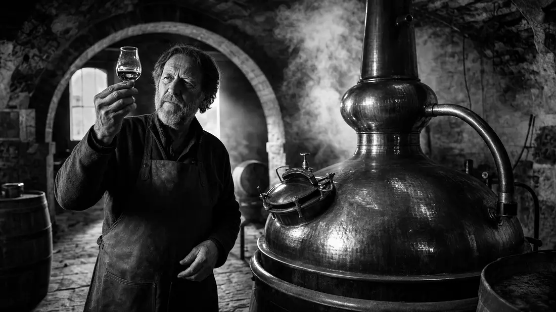 Black and white photograph of a master distiller examining spirits beside a copper pot still