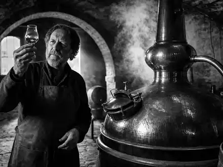 Pernod Ricard FR0000120693 — master distiller inspects spirits from copper still in stone cellar - Foto: THN