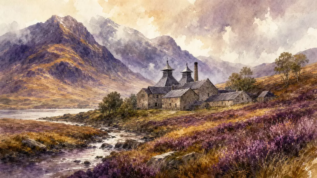 Watercolor painting of a Scottish Highlands distillery surrounded by purple heather and mountains