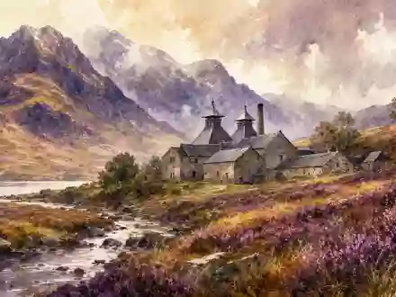 Pernod Ricard FR0000120693 — watercolor Scottish Highlands with stone distillery amid heather hills - Foto: THN