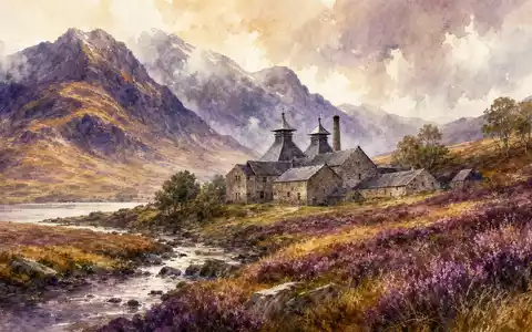 Pernod Ricard FR0000120693 — watercolor Scottish Highlands with stone distillery amid heather hills - Foto: THN