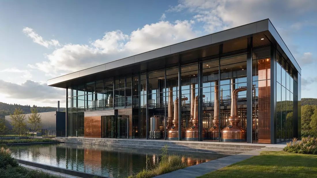 Architectural render of a contemporary glass distillery building with copper stills inside