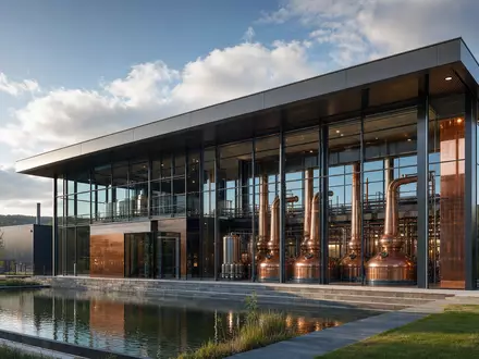 Pernod Ricard FR0000120693 — modern glass distillery with copper pot stills visible through facade - Foto: THN