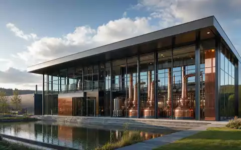 Pernod Ricard FR0000120693 — modern glass distillery with copper pot stills visible through facade - Foto: THN