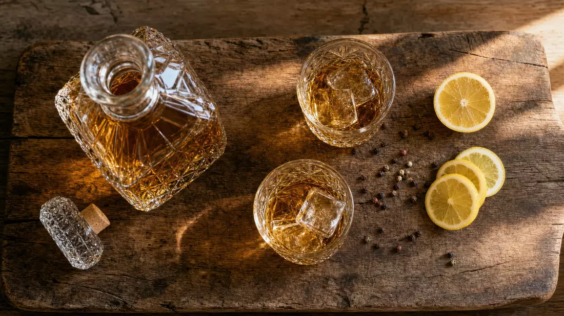 Overhead flatlay of crystal spirits decanter, tumbler glasses, ice cubes, lemon slices on wooden boa