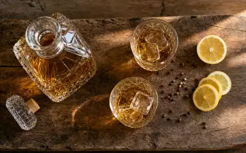 Pernod Ricard FR0000120693 — overhead flatlay with decanter, tumblers, ice, lemon, and cork - Foto: THN
