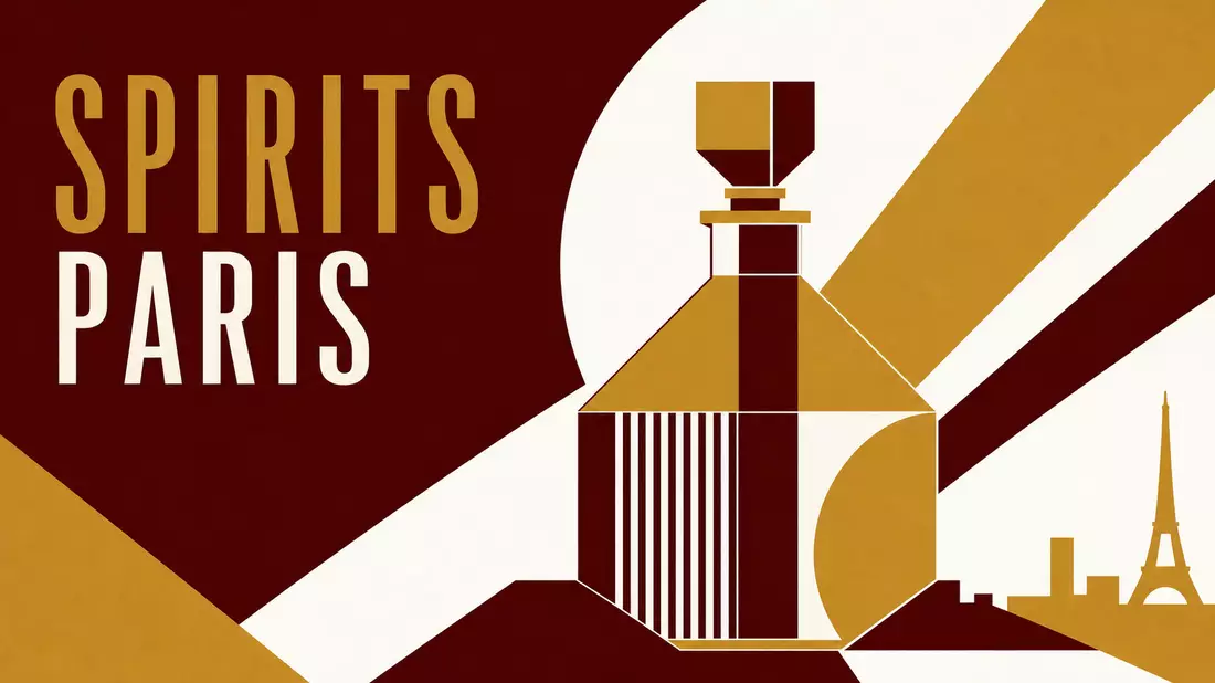 Bauhaus-style geometric poster featuring an abstract stylized spirits decanter in gold and bordeaux