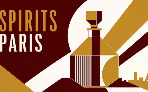 Pernod Ricard FR0000120693 — Bauhaus poster with geometric gold-bordeaux-white decanter and SPIRITS PARIS text - Foto: THN