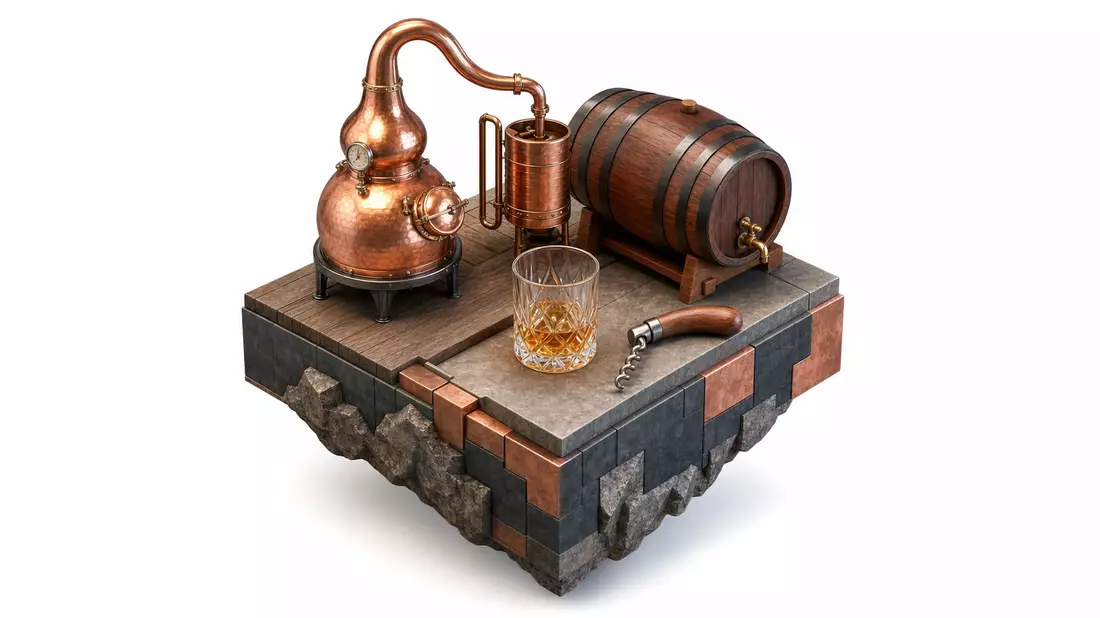 Isometric 3D render of miniature copper pot still, oak barrel, whisky glass, and corkscrew on platform