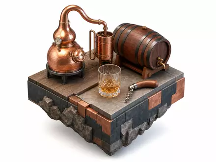Pernod Ricard FR0000120693 — isometric 3D scene with copper still, oak barrel, glass, and corkscrew - Foto: THN