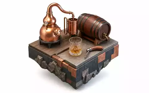Pernod Ricard FR0000120693 — isometric 3D scene with copper still, oak barrel, glass, and corkscrew - Foto: THN