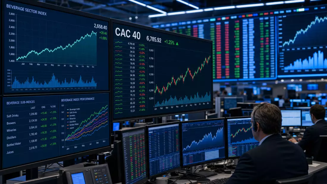 Trading floor with multiple screens displaying CAC 40 and beverage sector index financial data